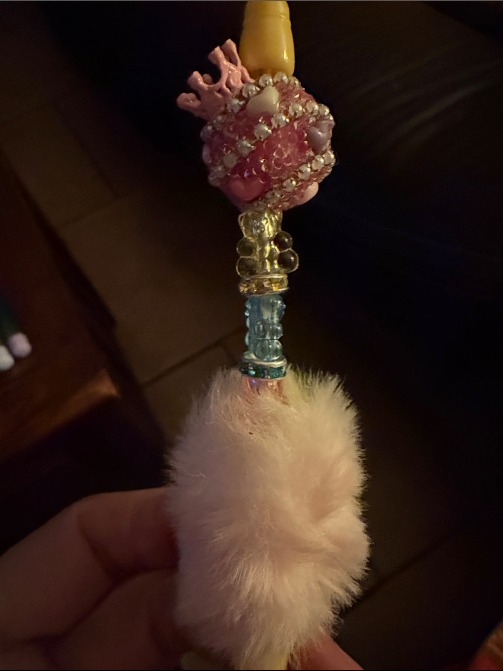 Cute Yellow Pen with Pink Faux Fur Pom Pom